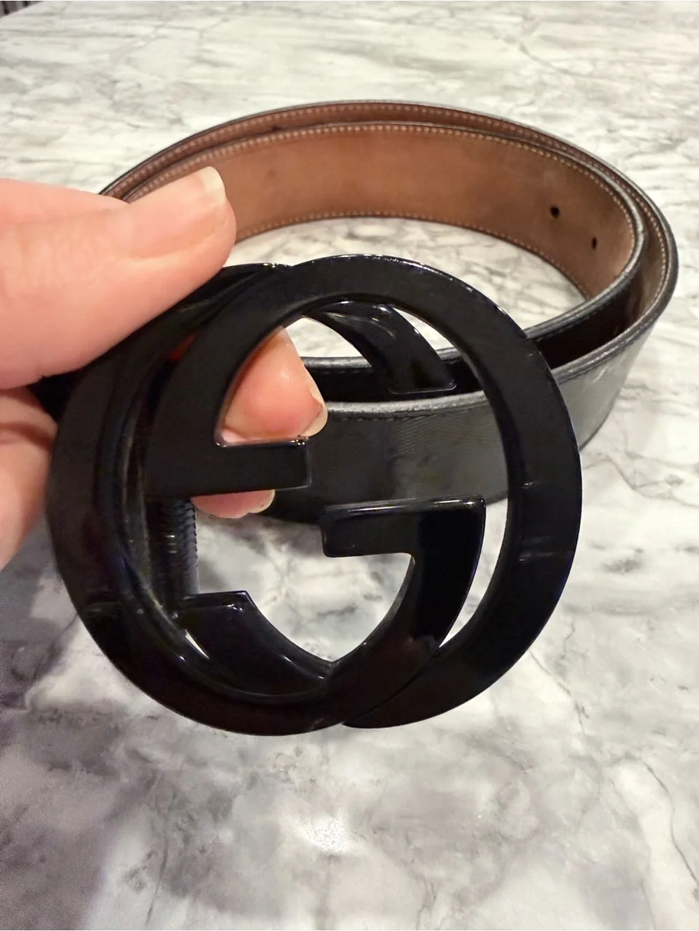 Gucci Black patent Leather Men's Belt with Interlocking G-Style Buckle